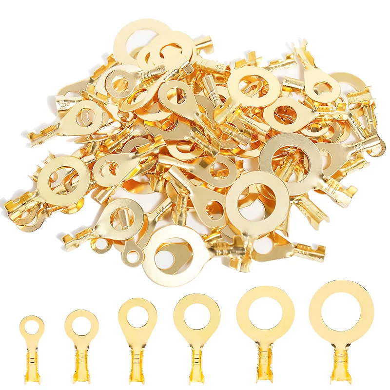 100PCS Ring Crimp Terminal Lugs Electrical Wire Cable Connectors Gold Brass M3 M4 M5 M6 M8 M10 O-Shoe Type Plug for Splice Screw