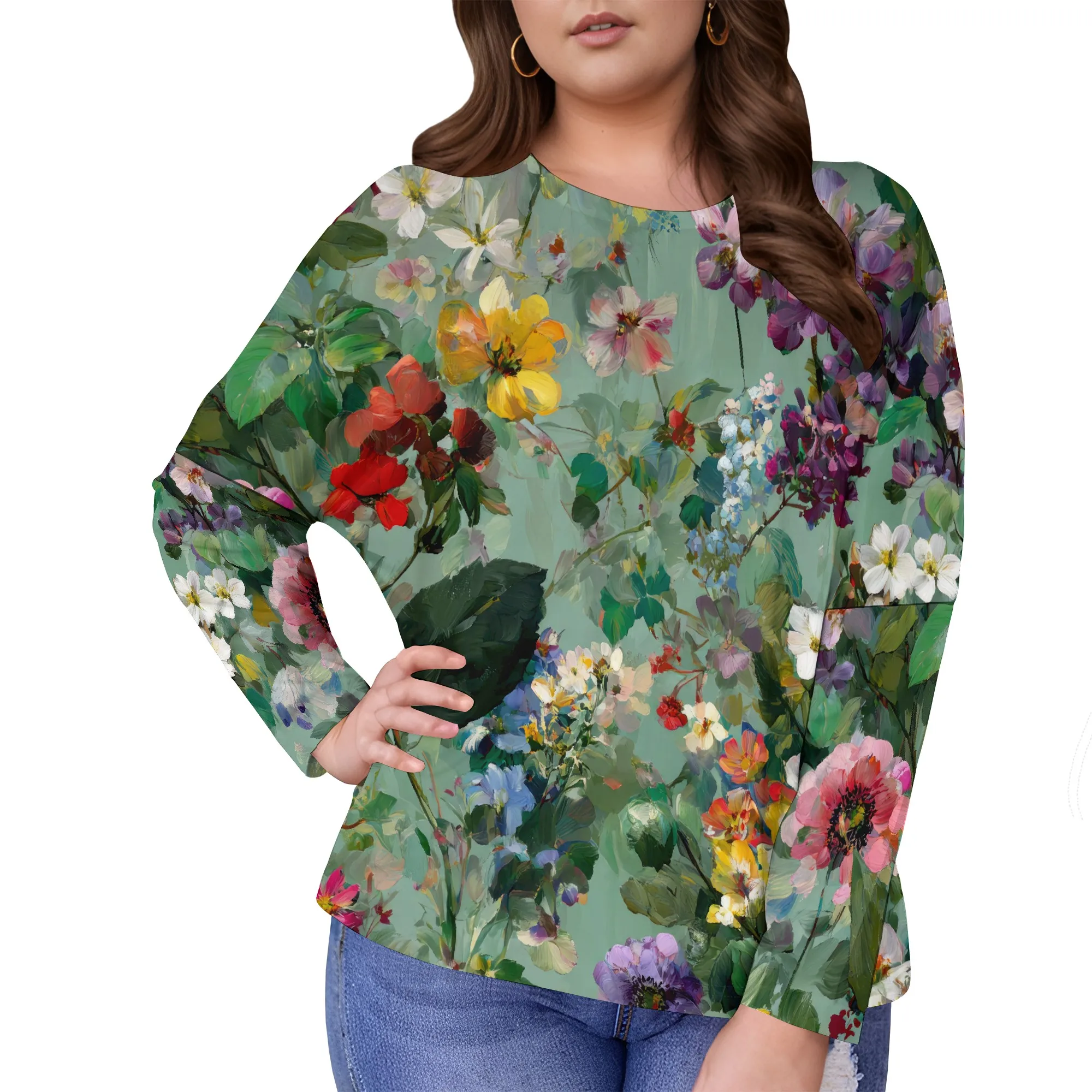 

Womens 2025 Fall Oil Painting Floral Print Crew Neck T-Shirts Tops Casual Loose Long Sleeve Blouse Oversized Shirts