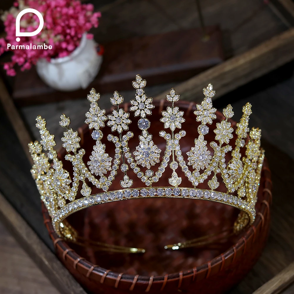 

Luxury Bride Gold Big Crown Wedding Hair Accessories Jewelry Zircon Tiara Crystal Headbands For Women ZY0142