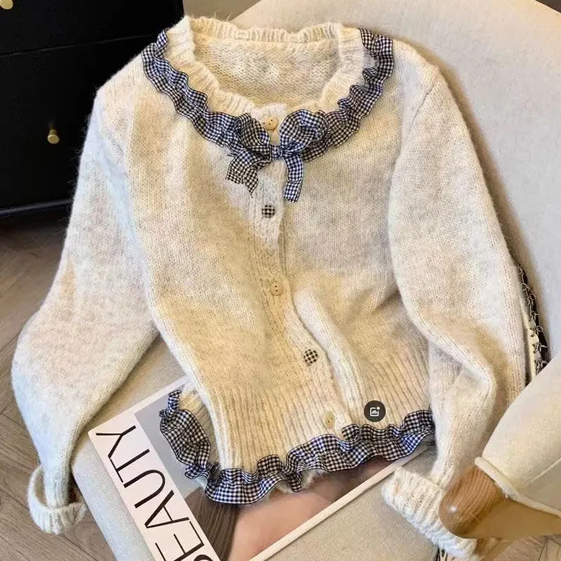 

Plaid Ruffles Knitted Cardigan Women Fashion Bow Patchwork Fall Korean Sweaters Loose Casual Chic Long Sleeve O Neck Simple Tops