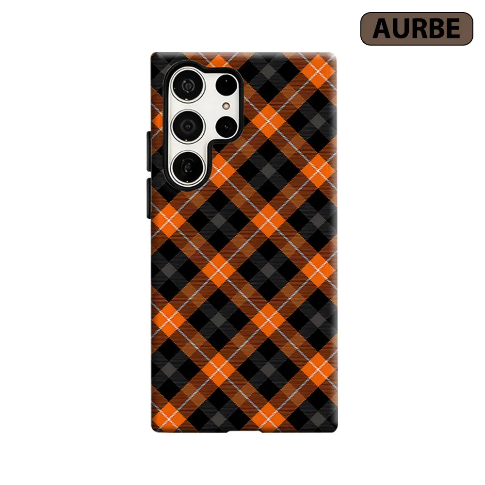 Halloween Orange Plaid Phone Case For Samsung Galaxy S26 S25 S24 S23 Ultra Plus HD Hard Double Layer Film Cover