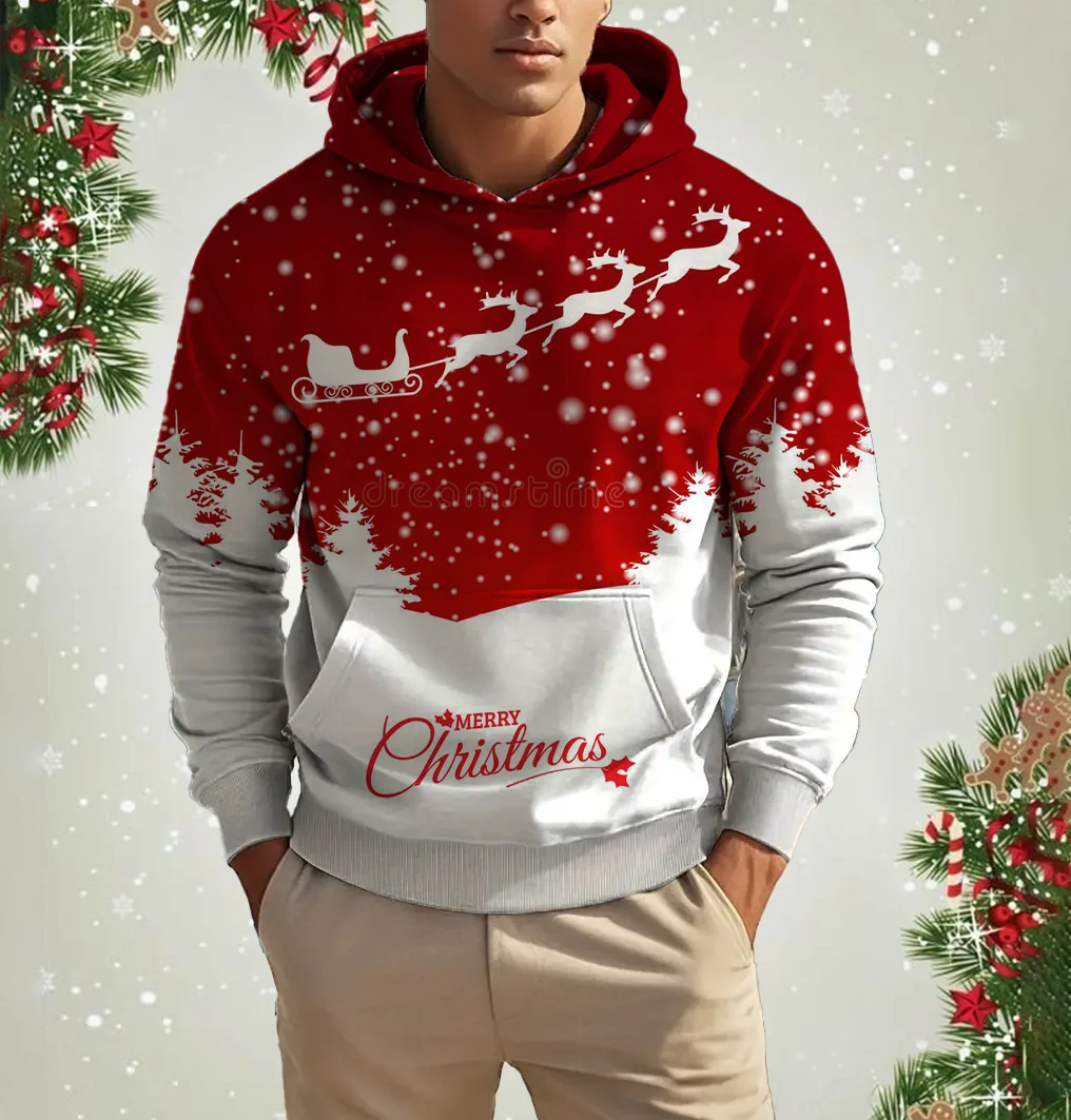 

2025 new reindeer print male hooded sweatshirt, cartoon animal pattern, casual sweatshirt, large size hooded sweatshirt, cute