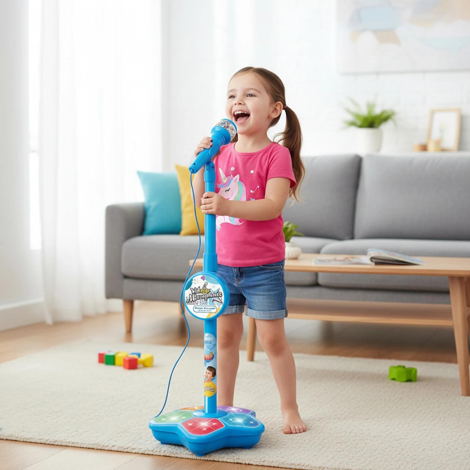 Music Sing Microphone Toy with Adjustable Stand Toddler Microphone Stand with Music&Light for Kids Toddlers Child