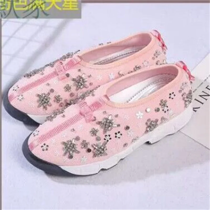 024 Spring and summer new handmade beads sequin flowers and flower diamond embroidered feet flat bottom sports leisure ladies si