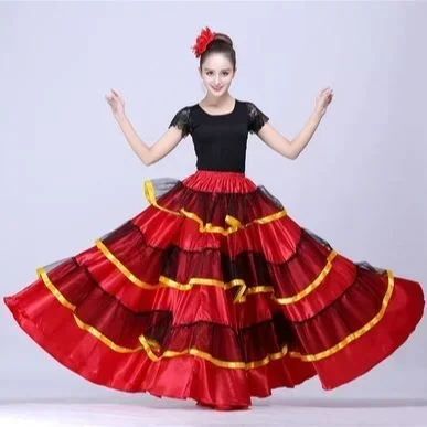 Spanischer Flamenco-Rock, Polyester-Satin-Kleider, glatt, große Schaukel, Party, Ballsaal, Bauchtanz, Kleid, Karneval, Kostüme für Damen