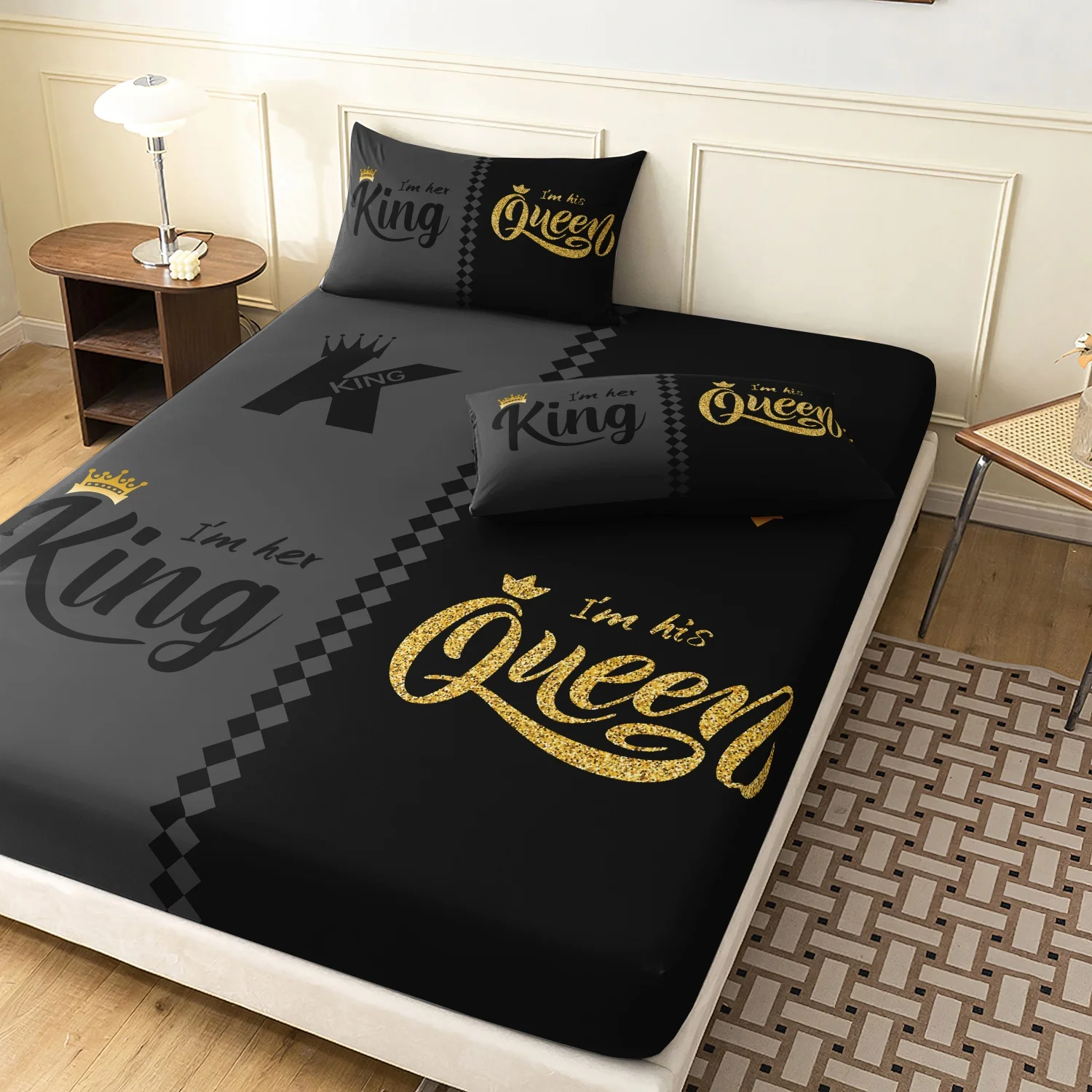  3 Pieces King Queen Print Fitted Sheet Set, Gray Black Split Diamond Check Golden Crown Couple Letter Printed Bedding