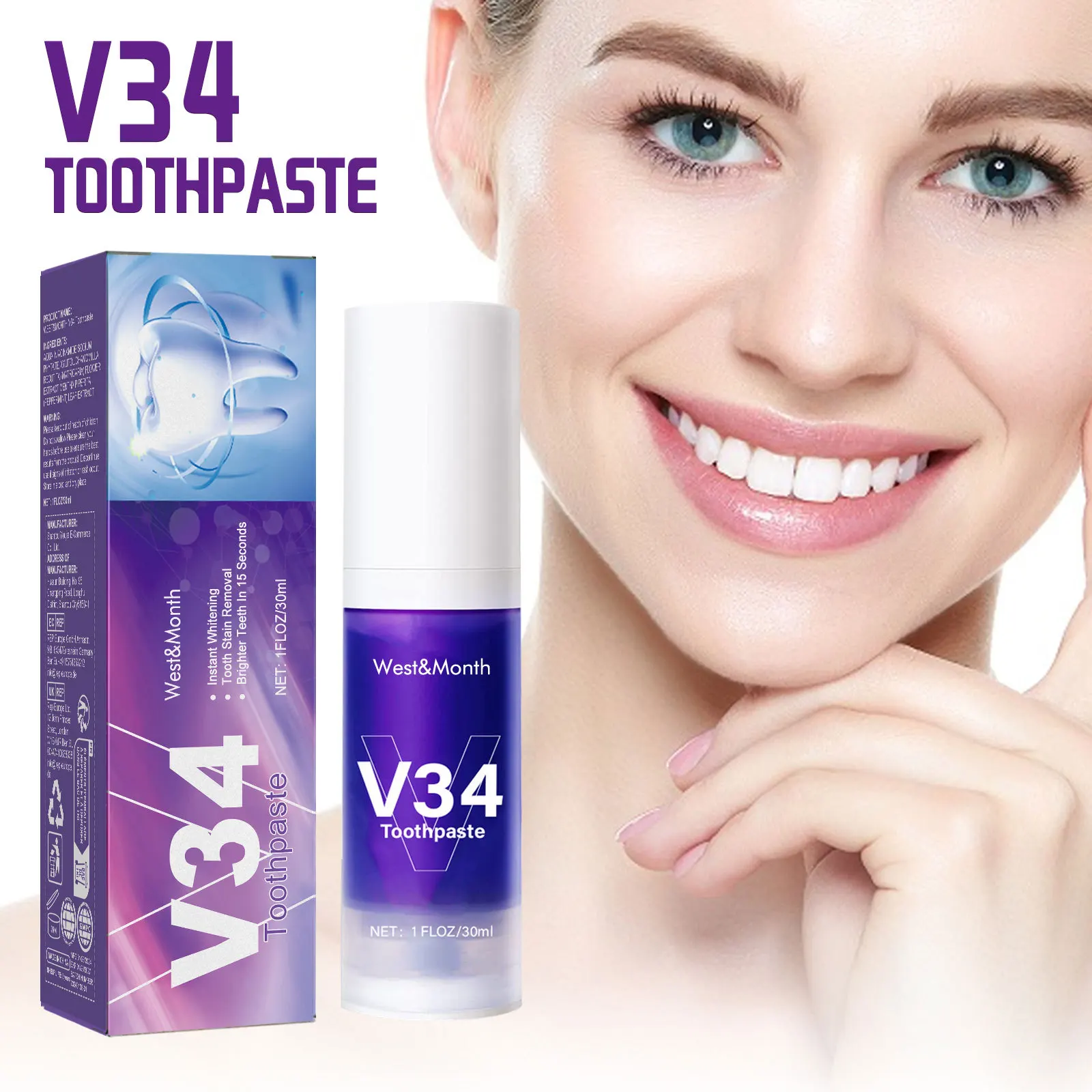 V34 Pro Whitening Toothpaste Reduce Yellowing Plaque Stain Removal Purple Corrector Oral Cleaning Fresh Breath Teeth Enamel Care