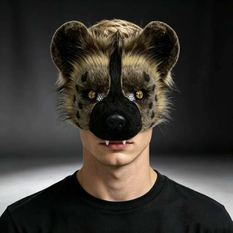 Furry Hyena Half Face Mask Realistic Plush Half-face Breathable Animal Mask Masquerade Party Cosplay Costume Prop For Adult