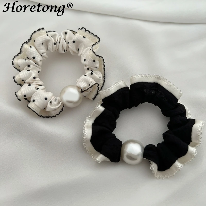 Horetong Pearl Elastic Hair Bands Simple Lace Vintage Hair Rope Ties Scrunchie Color Block Headwear Girls Women Hair Accessories