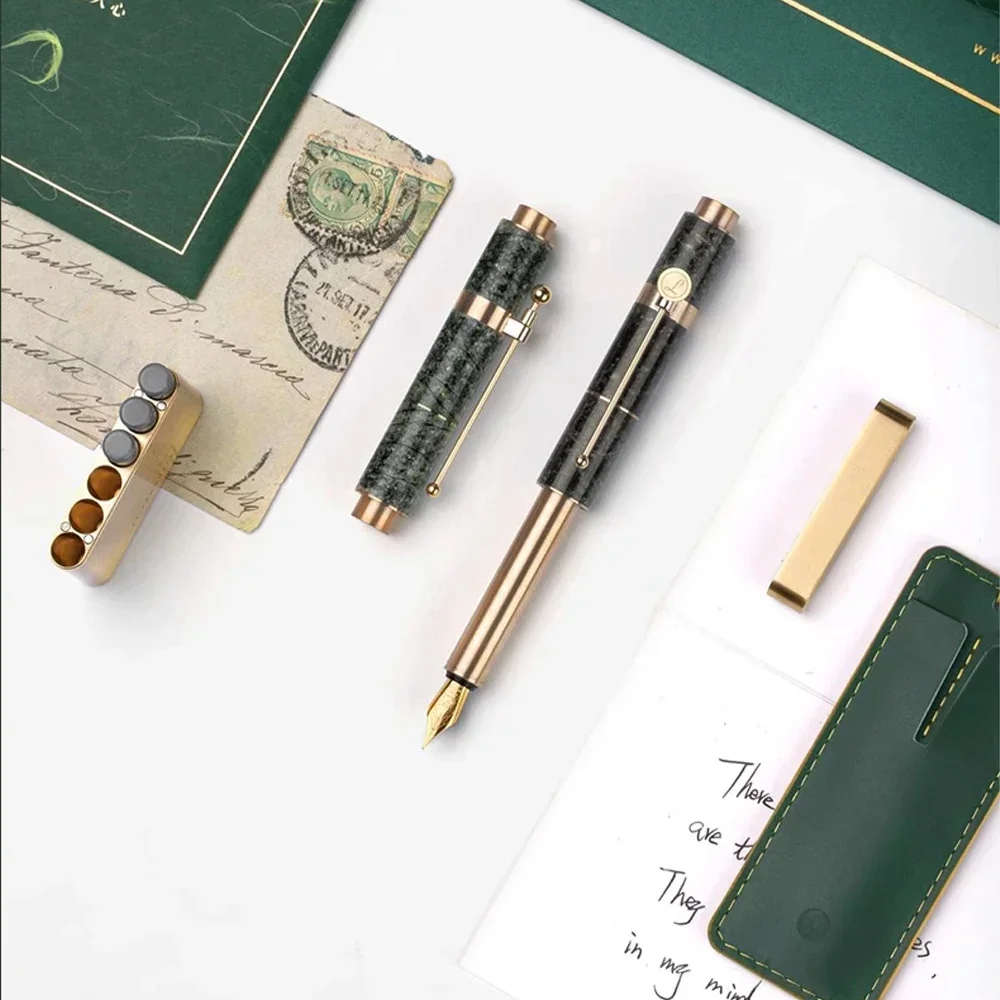 New EY-PRODUCTS Marble series Evergreen Green brass Fountain pen Short portable writing ink pens EF F nibs Exquisite gift pens