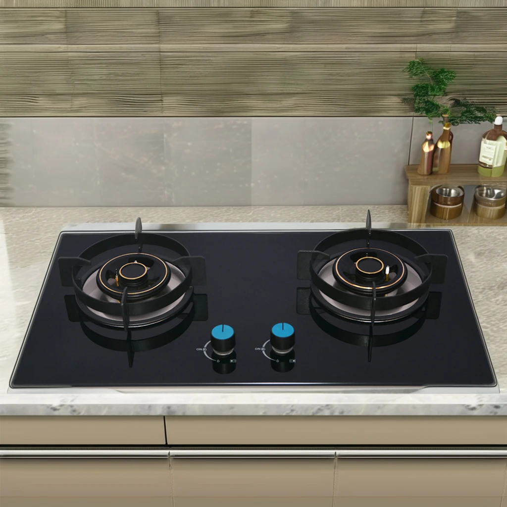 Fornello domestico di alta qualità di vendita caldo Fornello a gas in acciaio inossidabile a 2 fuochi Piano cottura a gas in vetro temperato incorporato a 2 fuochi