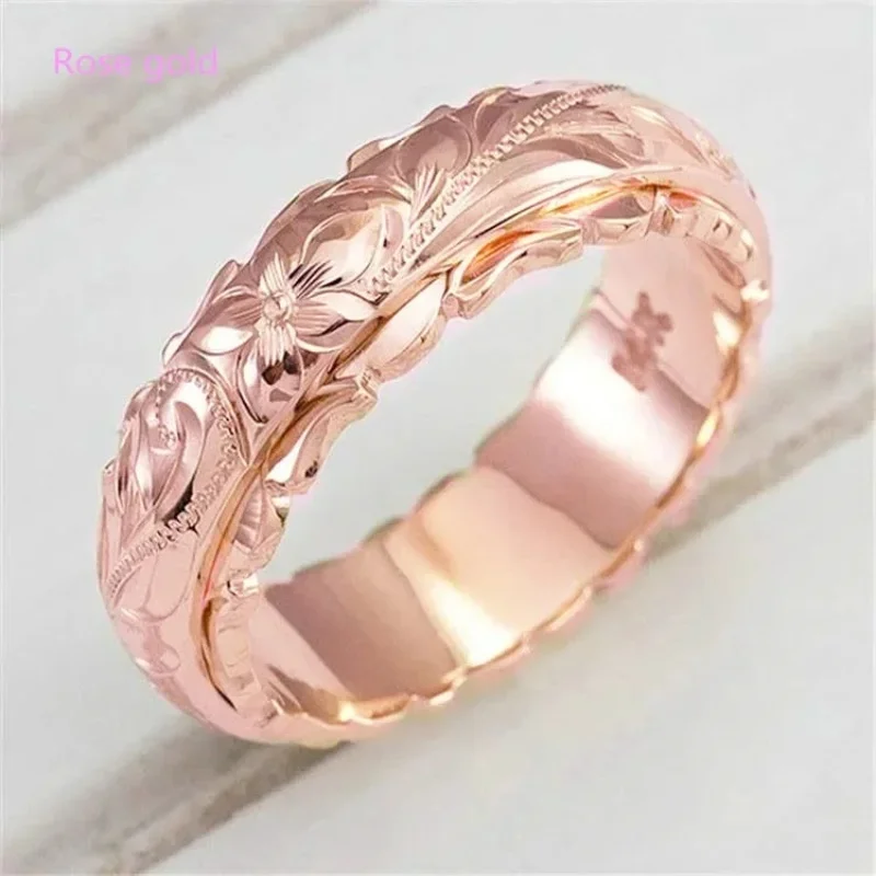 Huitan Elegant Craved Flower Pattern Women Band Ring 3 Metal Colors Available Nice Wedding Bridal Rings Classic Timeless Jewelry