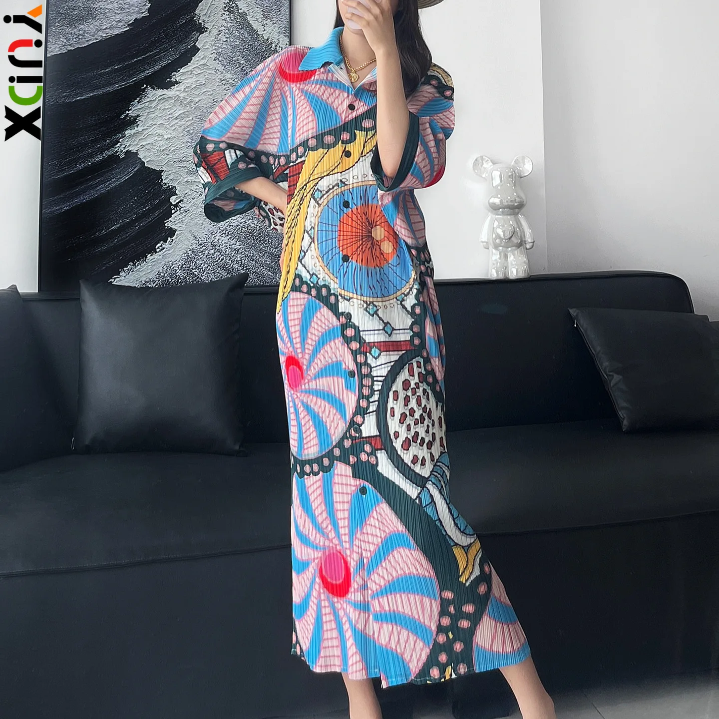 YUDX Miyake Pleated Bat Sleeve Women's Dresses Japan Korea Fashion Commuter Loose Plus Size Medium Long Dress 2024 Summer New