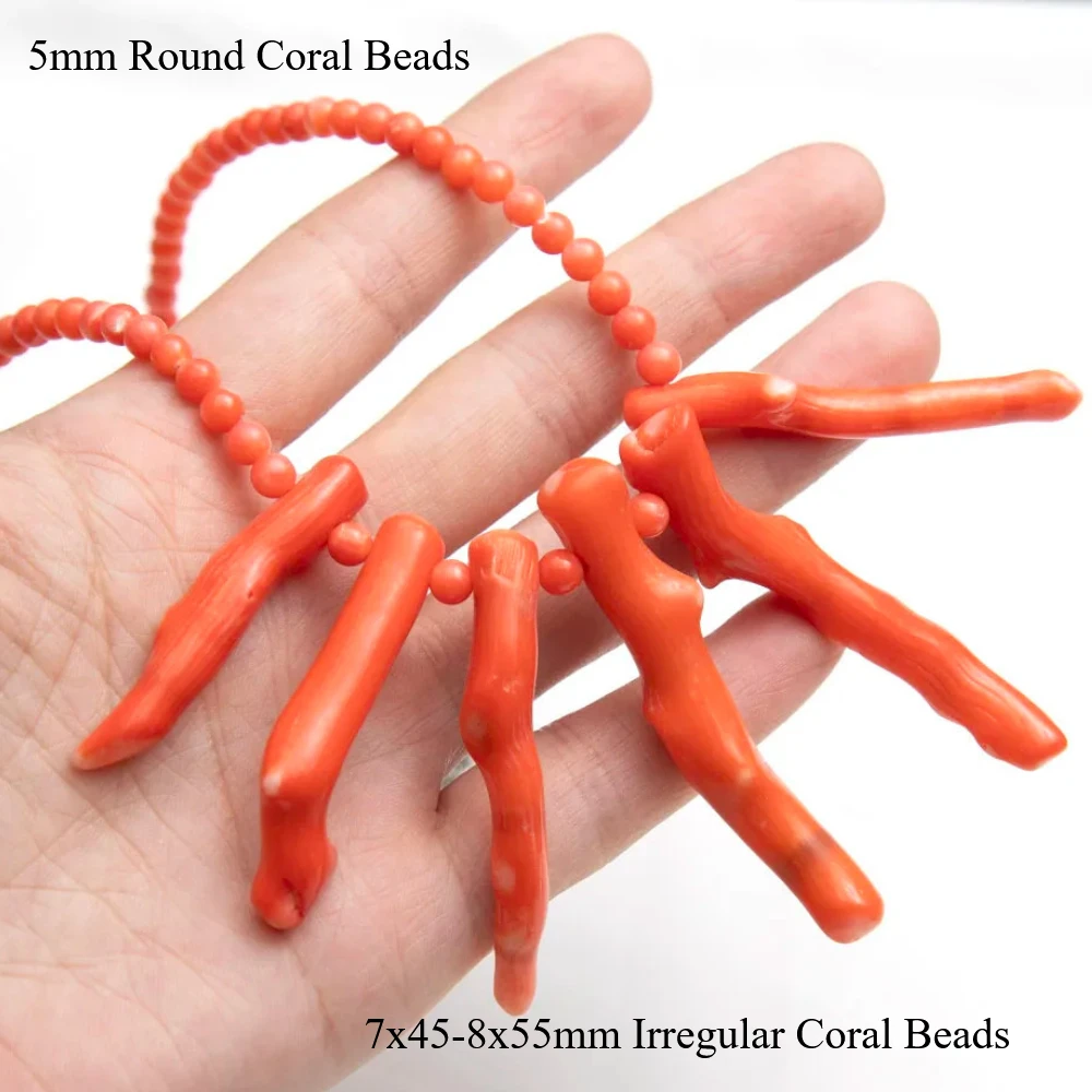 

Natural Coral Necklace Branch 5mm Round Coral Beads With 7x45-8x55mm Irregular Beads Individuality Handmade Jewelry Accessories