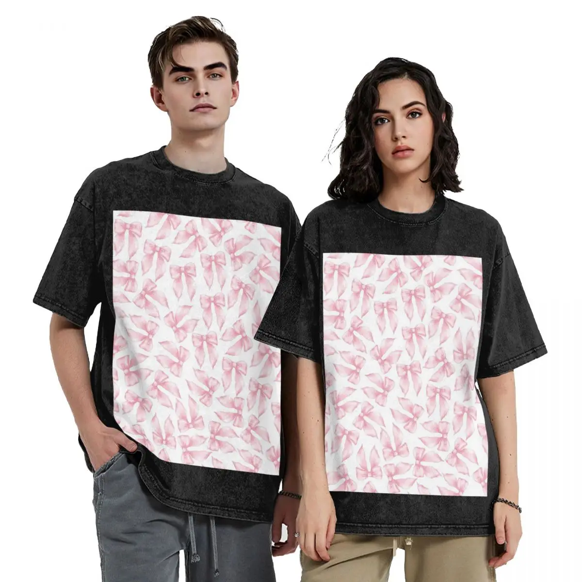 T-shirts à manches courtes Hip Hop motif nœud rose Cochuette, effet délavé, style streetwear, coupe oversize pour homme et femme