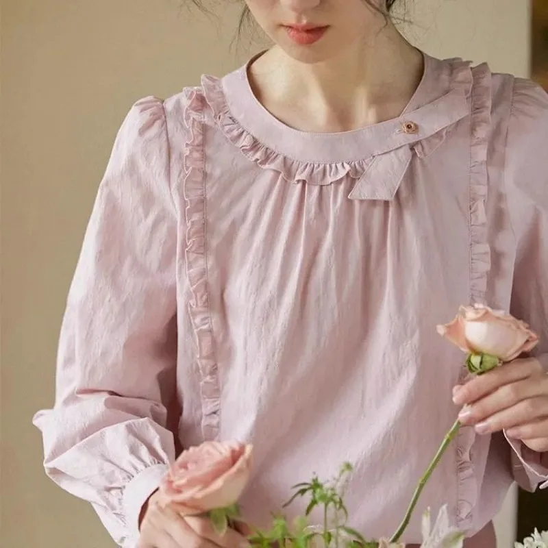 Ladies Spring Summer Simplicity Elegant Drawstring Solid Color O-neck Pullover Cotton Korean Fashion Button Shirts Long Sleeve