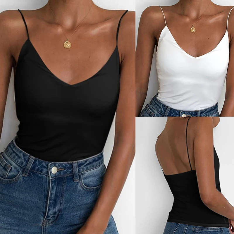 Summer Sexy Vest Women Thin V-neck Strap Camisole Top​ Solid Color Tank Tops Female Slim Fit Sleeveless For Ladies