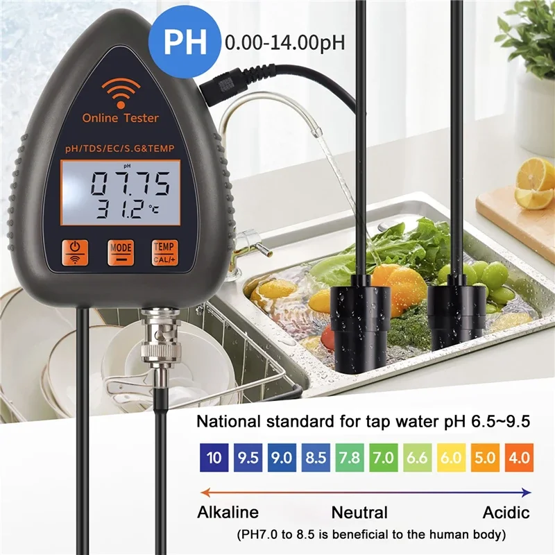 APP Control WiFi 5 in 1 Water Quality Tester Monitor PH/TDS/SALT/S.  G/TEMP Multi-function Smart Water Analyzer for Aquariums