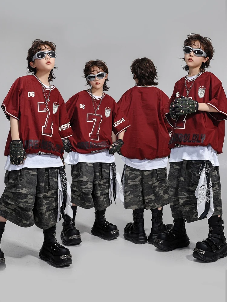 

Boys Jazz Dance Costumes Hip-hop Clothes Street Dance Short Sleeve Top Camouflage Pants Suit Stage Outfit Catwalk Wear DQL10620