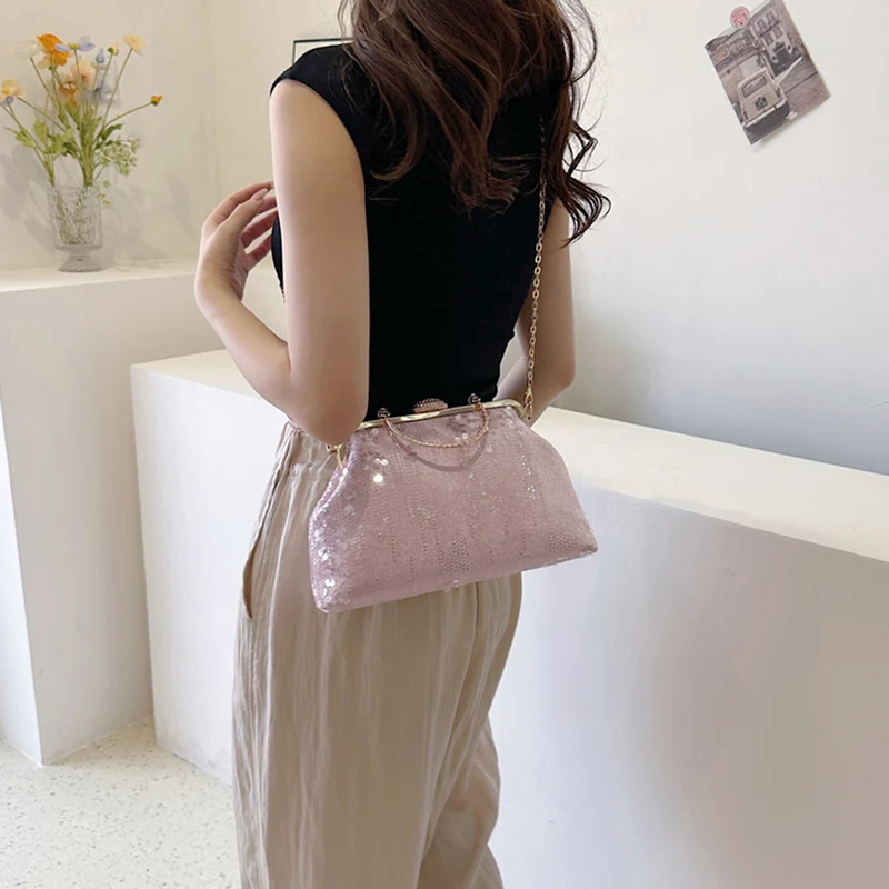 Designer Women Sequin Metal Handbag Chain Shoulder Bag Fashion Lady Party Clip Shell Coin Purse Designer Luxury Evening Clutch