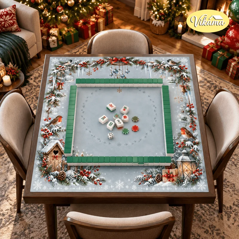 VIKAMA Mahjong Table Cover Christmas Holly Berry Snowflake Print Square Game Table Mat Holiday Winter Cozy Aesthetic