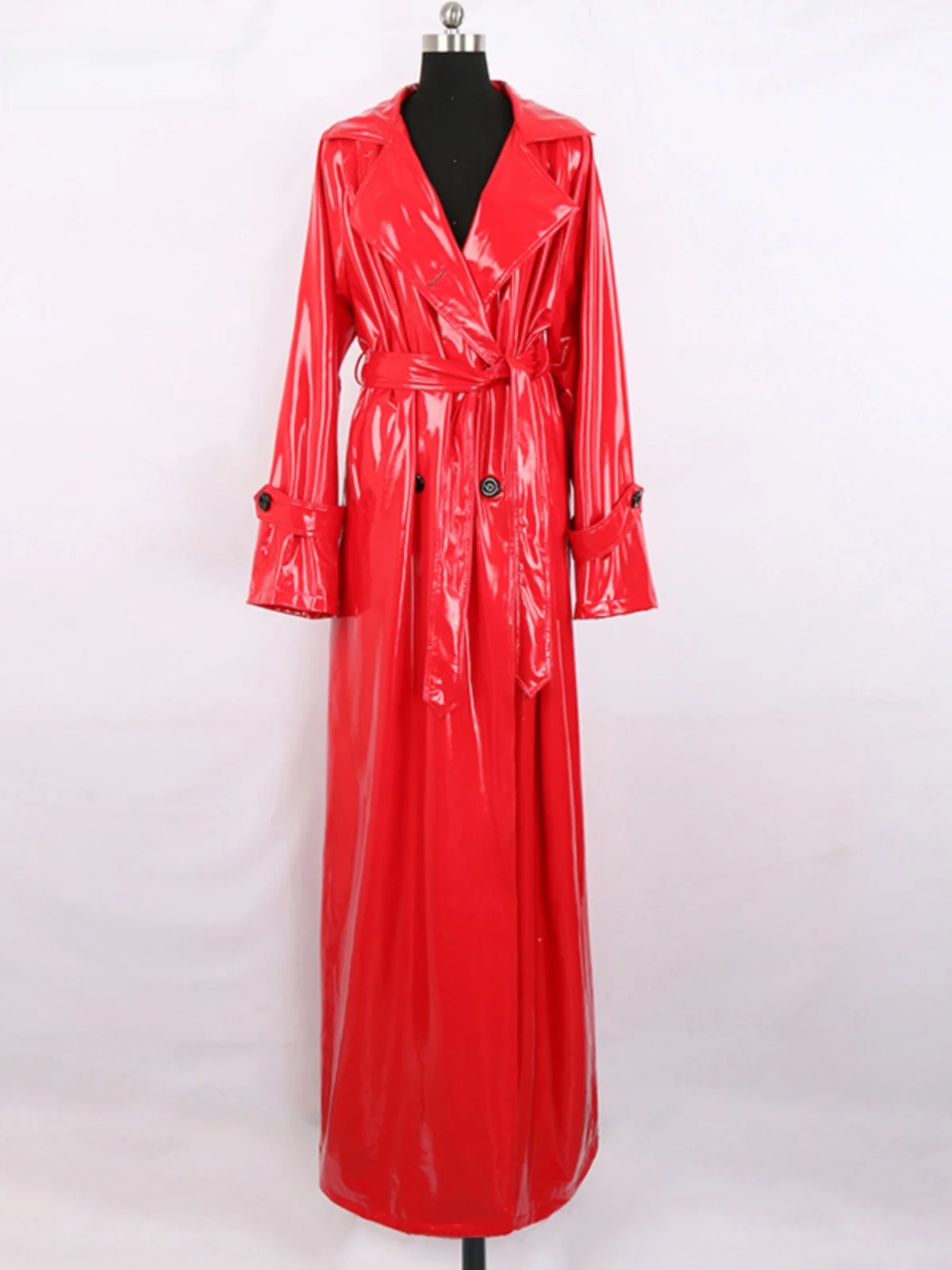 Nerazzurri Red Glossy Leather Long Coat Women's Ankle-Length PU Leather Jacket with Belt Street Style High Shine PU Leather