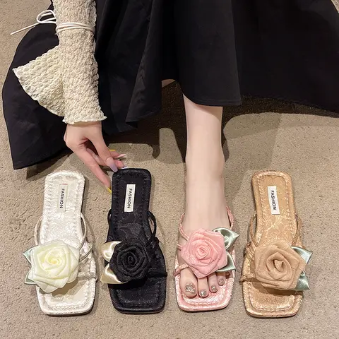 여성 신발을위한 프랑스어 플랫 바닥 사각형 발가락 꽃 라인 슬리퍼, 2025 여름 Outwear 새로운 중국 여름 패션 슬리퍼
