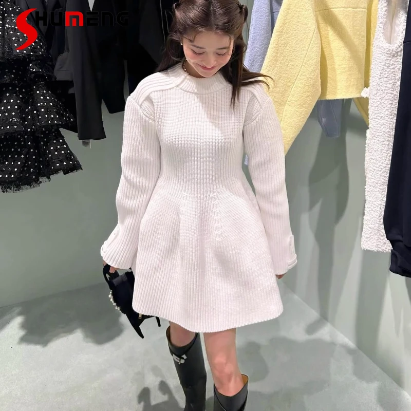 

2025 Japanese Fashion Sweet White Knit Dress Autumn Winter New Girls High Waist Slim Elegant Knitted Dress Women's Knit Pullover