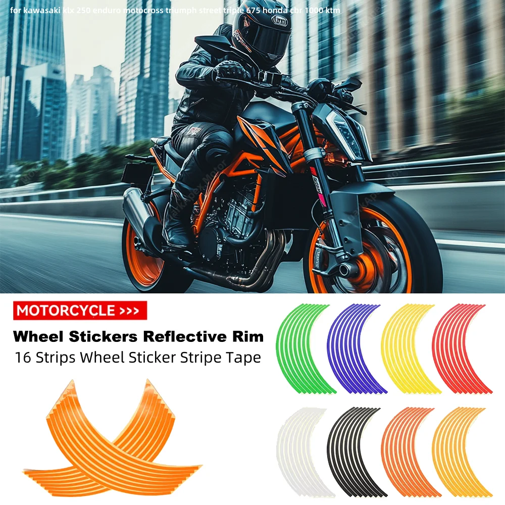 16 Strips Wheel Sticker Stripe Tape Bike Motorcycle 17 18 inch for kawasaki klx 250 enduro motocross triumph street triple 675