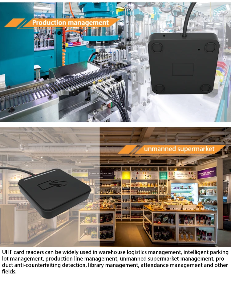 Long Range UHF RFID Desktop Reader 860-960MHz Frequency Card Label Reader with NFC USB Communication Interface Plastic Material