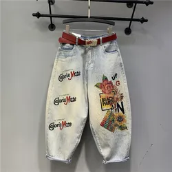 High Waisted Jeans 2023 Spring and Summer New Heavy Embroidery Hot Diamond Printed Loose Washed-out Elastic Waist Jeans Women