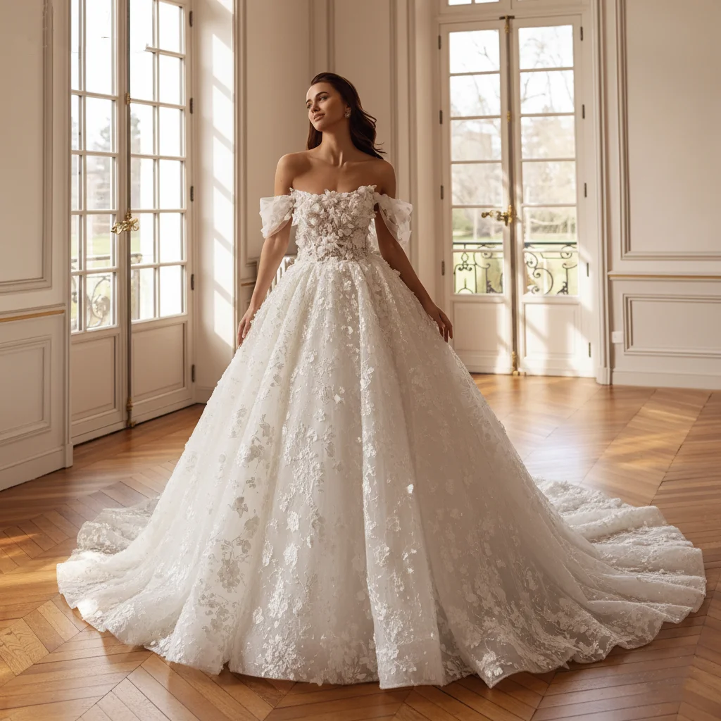 Gorgeous Off Shoulder Bridal Ball Dress 3D Decal Sweet Collar A-line Wedding Dress Luxury Long Tail Romantic Bridal Dress Custom