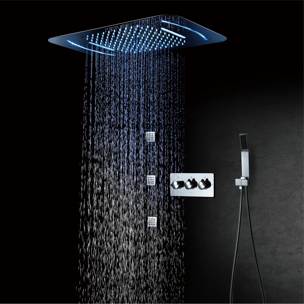 

LED Shower Head SUS304 38x58cm Waterfall Rainfall Embedded Ceiling Bathroom Hot and Cold Water Shower Faucet Set with Body Jet