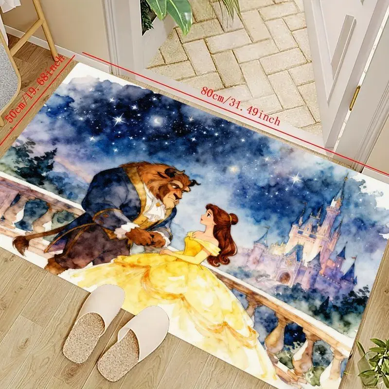 

1PC Disney Beauty and the Beast Belle & Beast Romantic Watercolor Starry Night Castle Scene Floor Mat, Non-Slip Soft Washable Ar