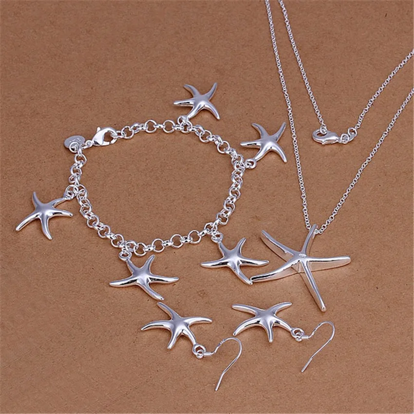 

925 Sterling Silver Pretty Fine Starfish Pendant Bracelet Necklace Earrings Jewelry Set For Women Fashion Party Christmas Gifts