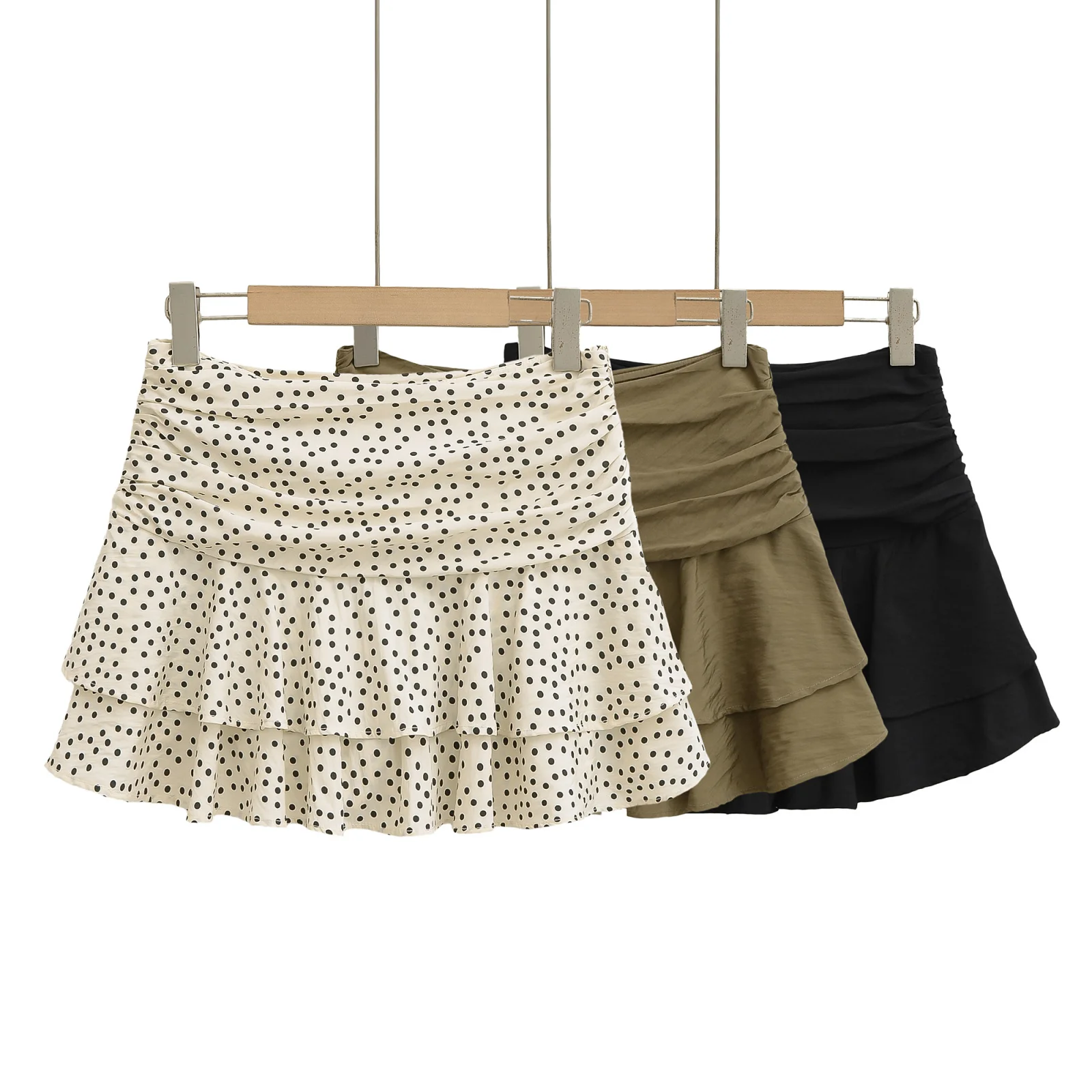 Amerikaanse Sle Polka Dot Print Geplooide A-lijn Rok Dames Meerlaags f Body Rok Casual middentaille Ontwerp