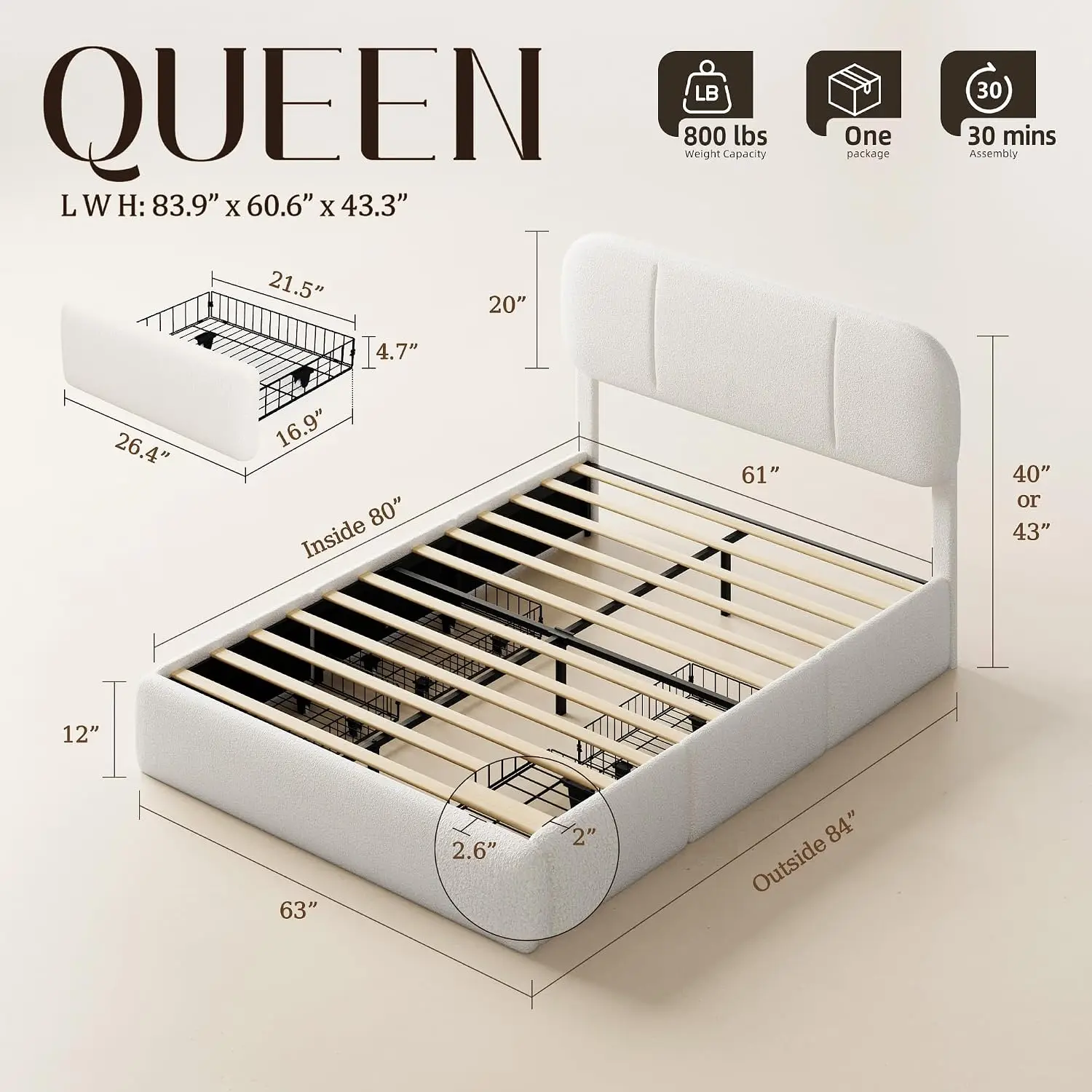 Queen Size Bed Frame with Storage, Boucle Cloud Bed with 4 Locking Drawers & LED Lights, Modern Upholstered, Customized