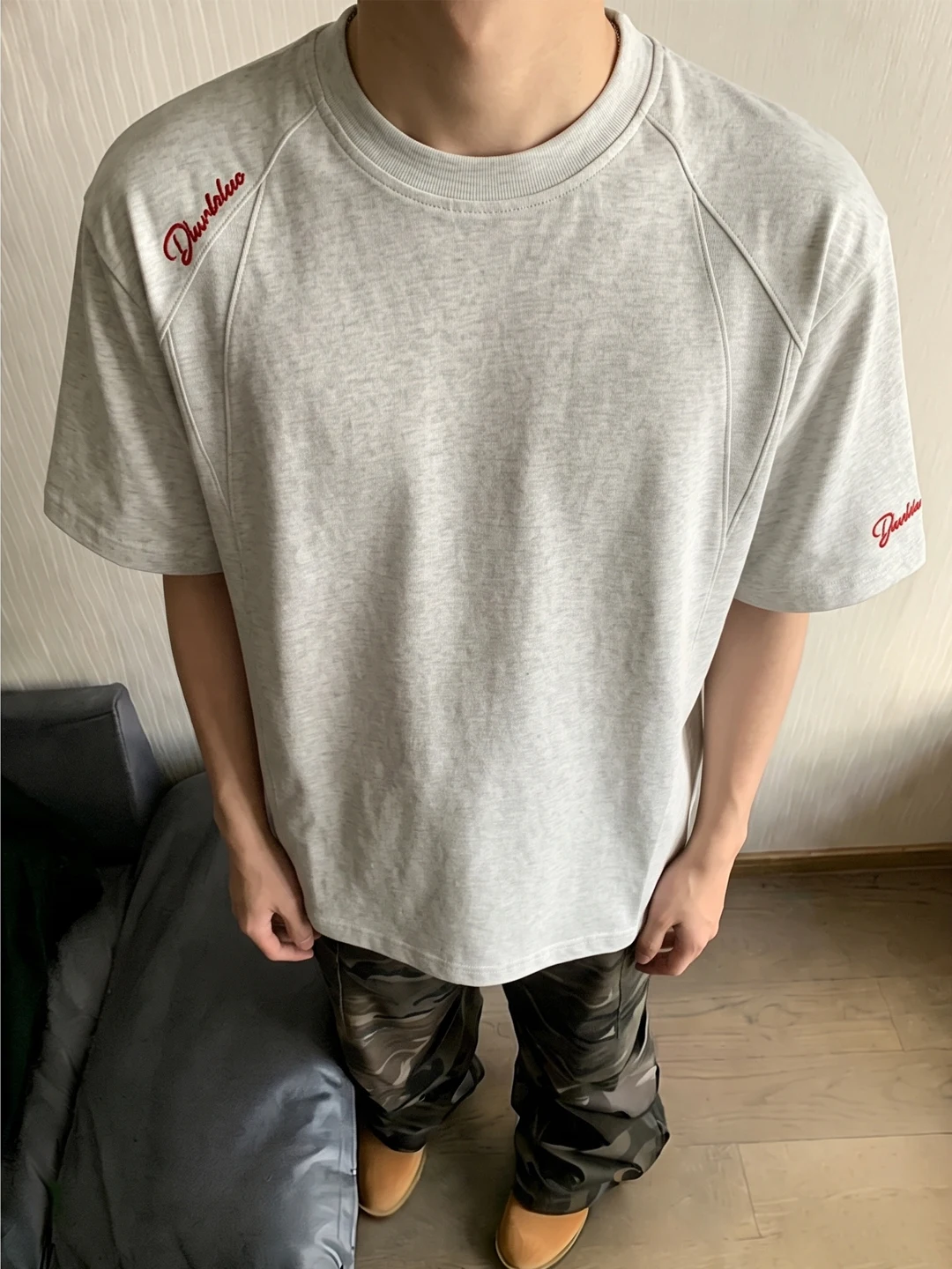 Cleanfit American Red Label Embroidered T-Shirt Men's Summer Fashion round Neck Short Sleeve Retro Heavy Half Sleeve T-Shirt