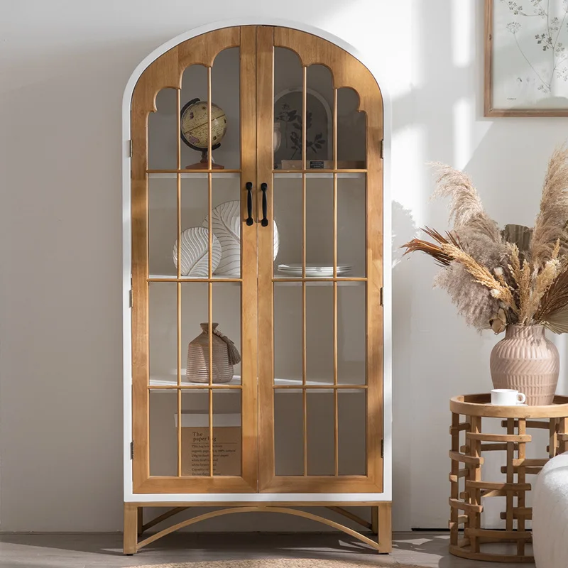 Retro dining side cabinet, living room glass door wine cabinet, storage against the wall, study display cabinet