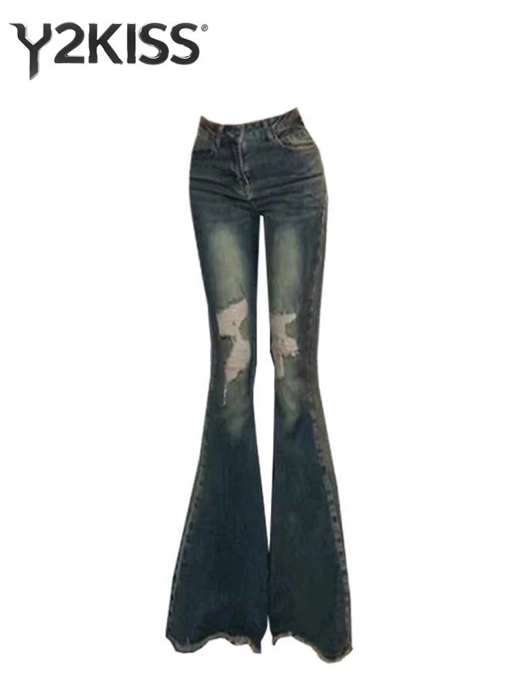 

Women's Flare Jeans High Waist Ripped Denim Pants Japanese Skinny Bootcut Jeans Bell Bottom Hole Y2k Gyaru Stretch Cowboy New