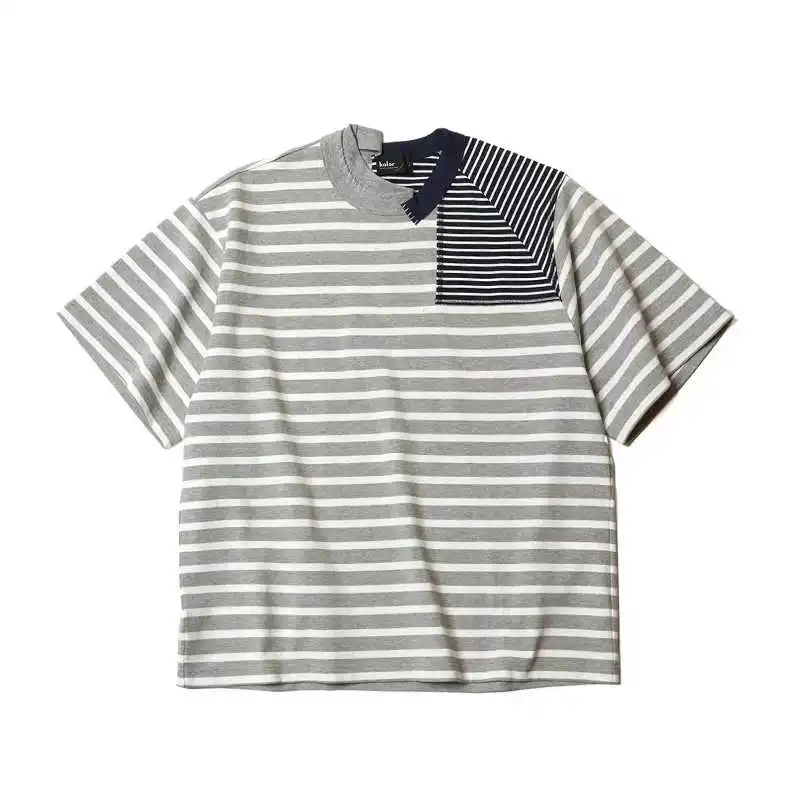 22SS KOLOR Abe Run Double Color Men T Stripe Splicing Irregular Cut Round Neck Short Sleeve