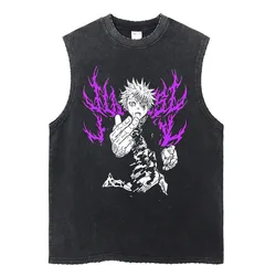 Summer Men Vintage Streetwear Sleeveless T-Shirts Cotton Tops Tees Washed Anime Print Casual Tops Harajuku Oversize Tank Top