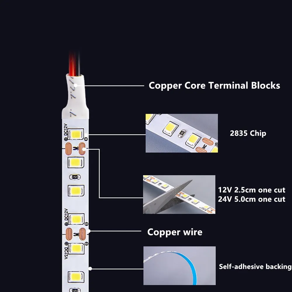 Imagem -05 - Led Strip 2835 5m 10m 120leds m Frio Quente Branco Impermeável Led Strip Light Flexível e Cuttable Soft Home Lamp Bar dc 12v 24v