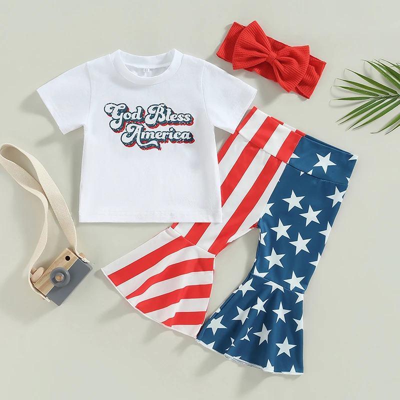 Conjunto de ropa para niñas del 4 de julio, camiseta de manga corta con estampado de bandera americana y pantalones acampanados a rayas con estrellas, conjunto con diademas