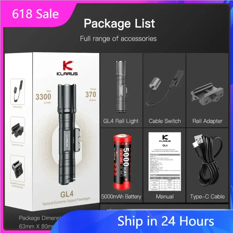 Klarus GL4 3300 Lumens USB C Rechargeable Tactical Flashlight  Compatible with Various Types of Rifles Rail
