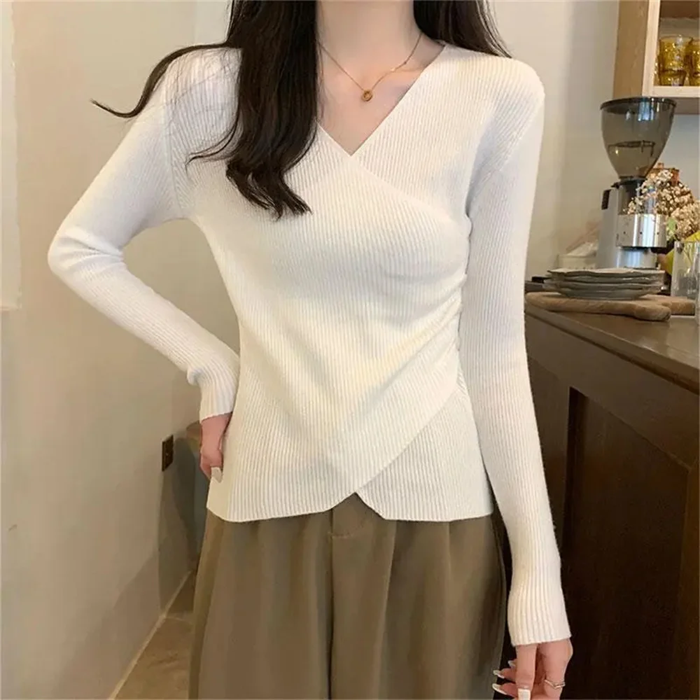 Irregular Pullovers Women Knit V-Neck Ribbed Long Sleeve Sweater Button Side Plain Jumper Teen-girl Fall Winter Y2k Basic Tops