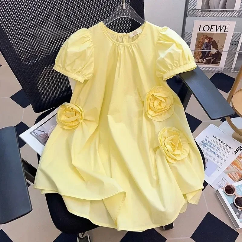 2-14 Years Summer Teen-agers Girls Dress Solid Color Flower Decoration Party Dress For Kids Children Birthday Present