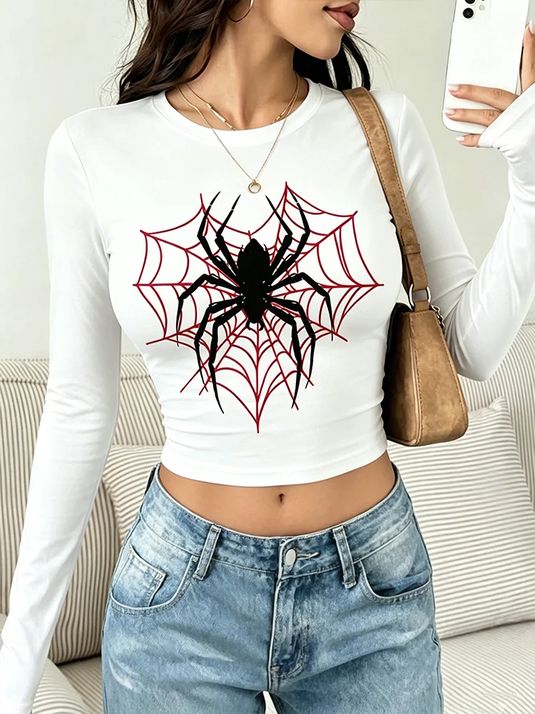 American Spider Rotes Spinnennetz-Print Langarm-T-Shirt für Damen - Rundhals Enganliegendes Kurzarm-T-Shirt mit Tiefem Ausschnitt und Stretch – Detail 6