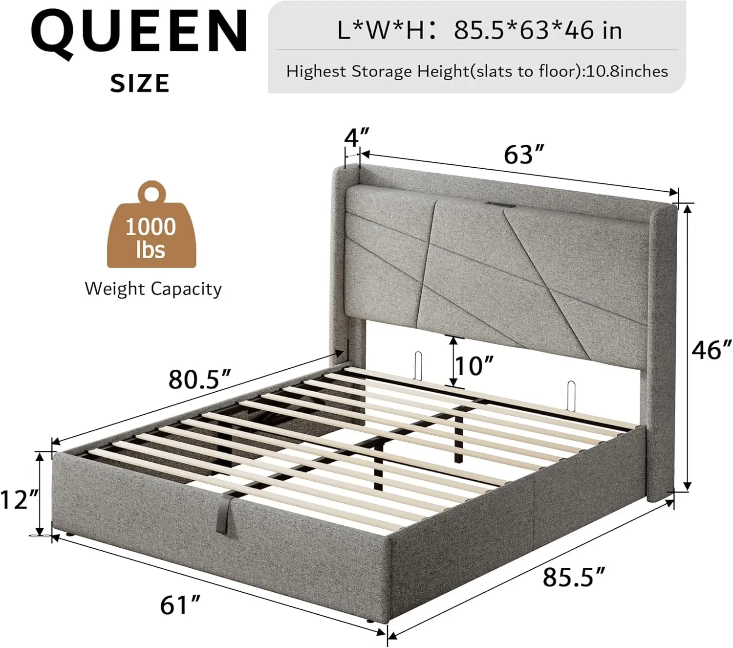 Large lift storage bed frame, cushioned bed frame with headboard, hydraulic storage, easy to assemble, light gray