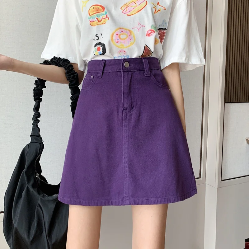 

Джинсовая юбка с высокой талией, женская утягивающая цветная юбка трапециевидной формы, большие размеры, универсальная облегающая корейская версия